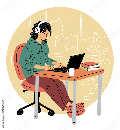 Young girl sitting at a laptop. Listening to music in headphones. Office or remote work or study. Student, programmer and IT specialist. Vector illustration
