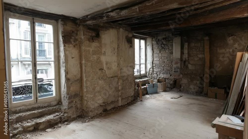 Renovation project room interior with exposed stone walls, wooden beams, windows and stripped wood floor boards ready for refurbishment