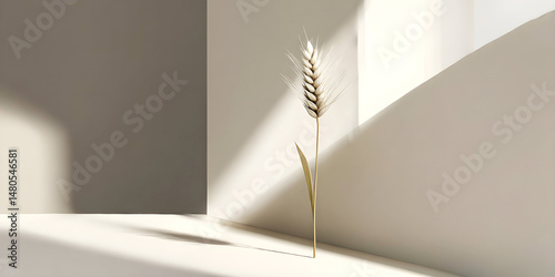 Single wheat stalk in soft sunlight casting long shadow in minimal beige interior. Copy space
