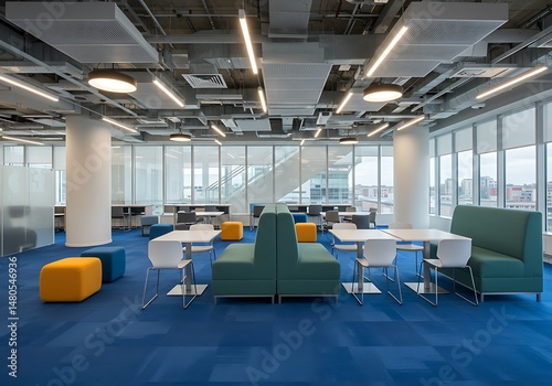 Modern office space with blue carpet and colorful furniture, featuring tables and seating arrangements