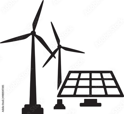 windmills and solar energy panel silhouette design vector art illustration