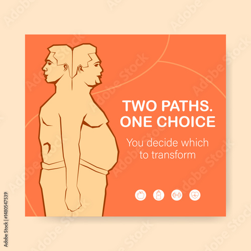 conceptual body transformation, physical change illustrated with two paths of health and obesity