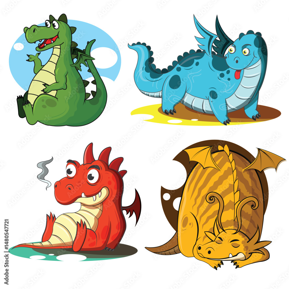 Obraz premium A cute set of funny cartoon dragons and monsters, including a green reptile and dino, showcases fun animal characters with smiles and wild charm