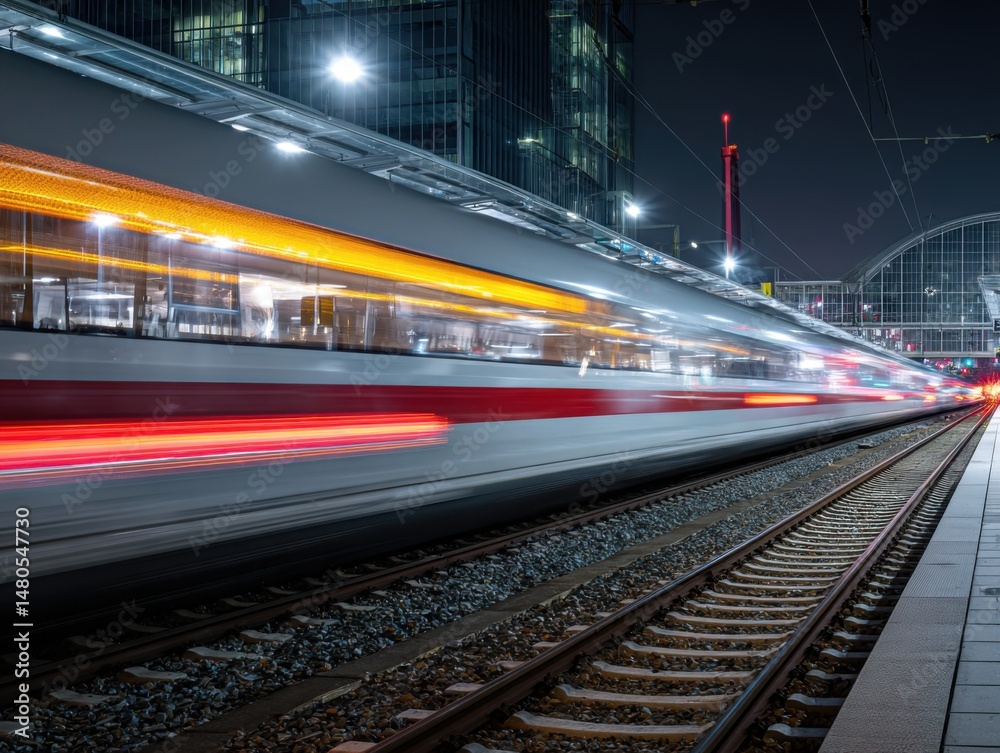 High Speed Train in Motion at Night Long Exposure Shot at Train Station Platform in Frankfurt Germany High Speed Train in Motion at Night Long Exposure Shot at Train Station Platform in Frankfurt Germany