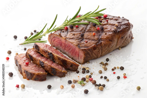 Grilled medium-rare steak with rosemary and peppercorns on white background