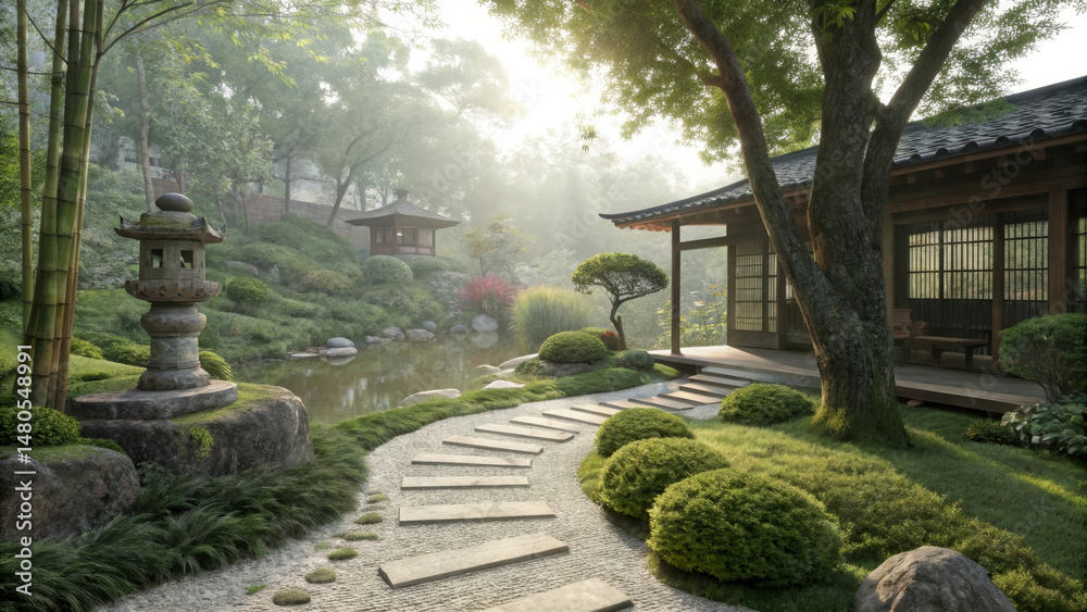 Obraz premium Serene Zen Garden Design with Mossy Stones, Foliage, and Minimalist Aesthetic