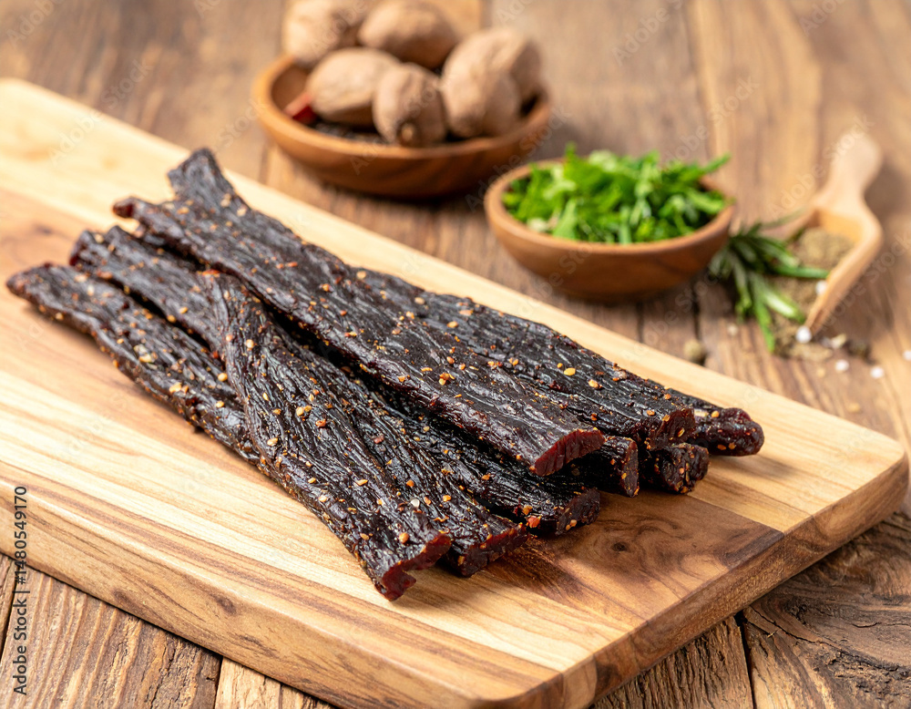 Fototapeta premium South African biltong sticks arranged neatly on a wooden board with herbs and spices.