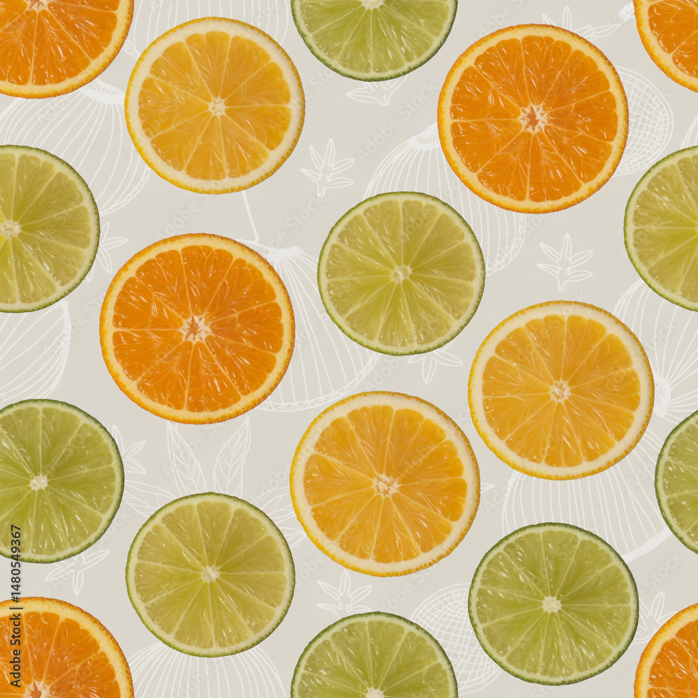 Obraz premium Fresh orange and lime slices seamless pattern with decorative background