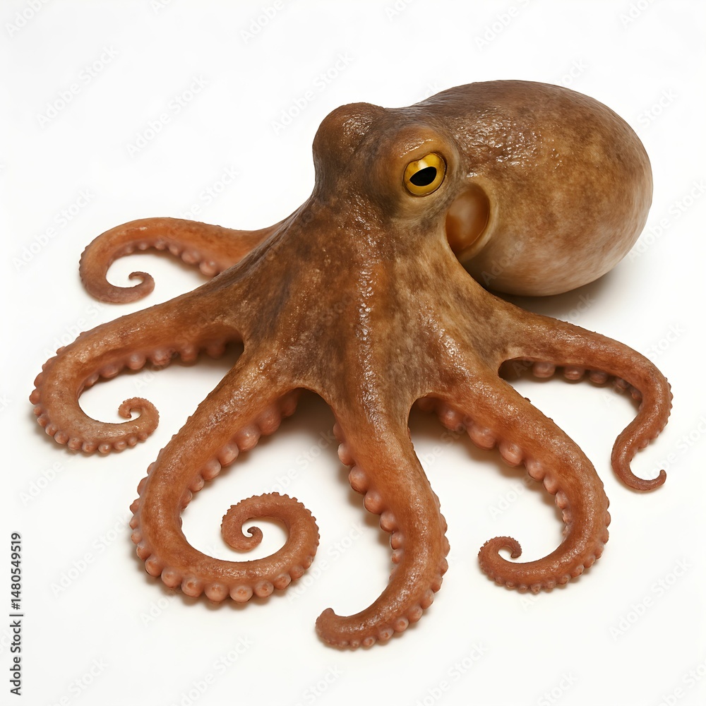 Obraz premium Octopus isolated on a white background. Ideal for use in marine biology, seafood industry visuals, educational content, or design themes related to underwater life and ocean creatures