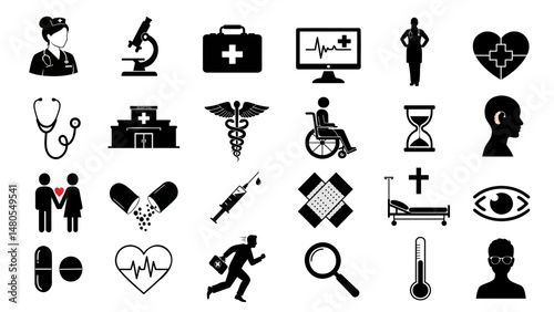 A set of collection vector silhouette icons representing various medical and healthcare-related concepts
