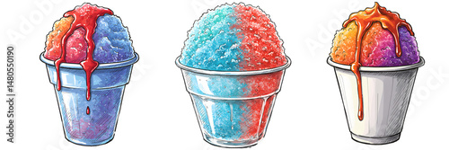 Three snow cones in cups with different flavors and toppings isolated on a black background illustration on transparent background