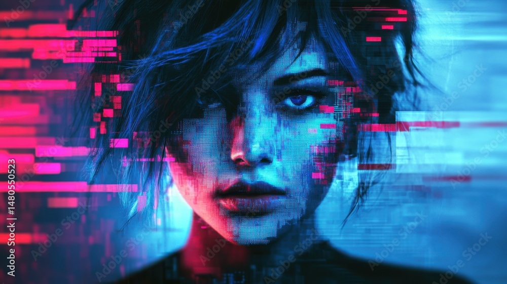 Obraz premium surreal portrait of a woman with electric blue hair, her face blending into pixelated fragments as if dissolving into a digital world. The background features shifting neon grids and glitch effects