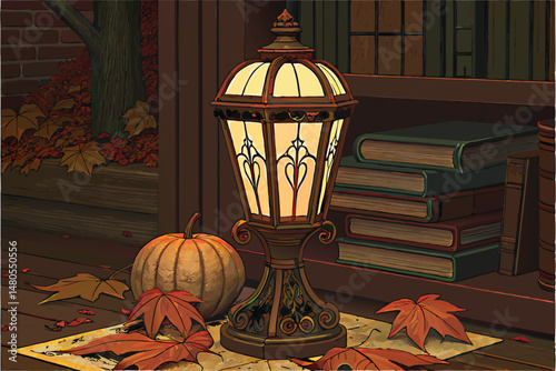 47 ornate vintage lamp,pumpkins,autumn leaves,antique books,detailed realistic,highly detailed,photorealistic,cinematic,dramatic lighting,cinematic style,intricate,elegant,warm tones