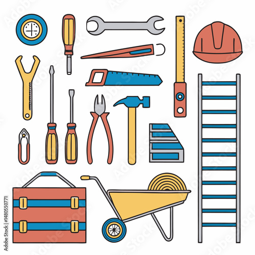 A collection of colorful construction and repair tools in vector illustration style