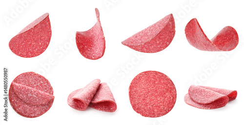 Salami sausage slices on white background, collage