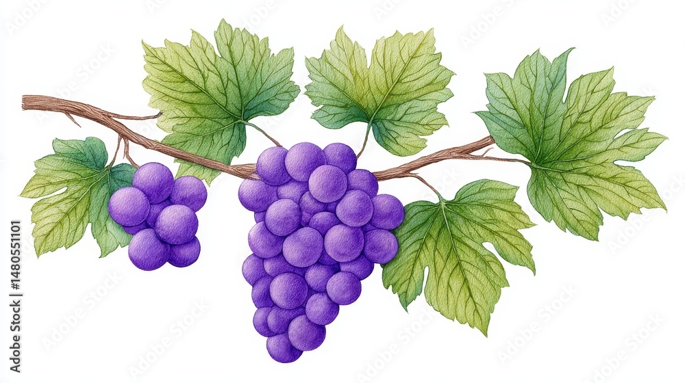 Obraz premium Lush Grape Vine with Ripe Fruit - A watercolor painting of a grapevine branch with clusters of dark purple grapes and vibrant green leaves. Perfect for wine labels, autumn themes, or harvest designs