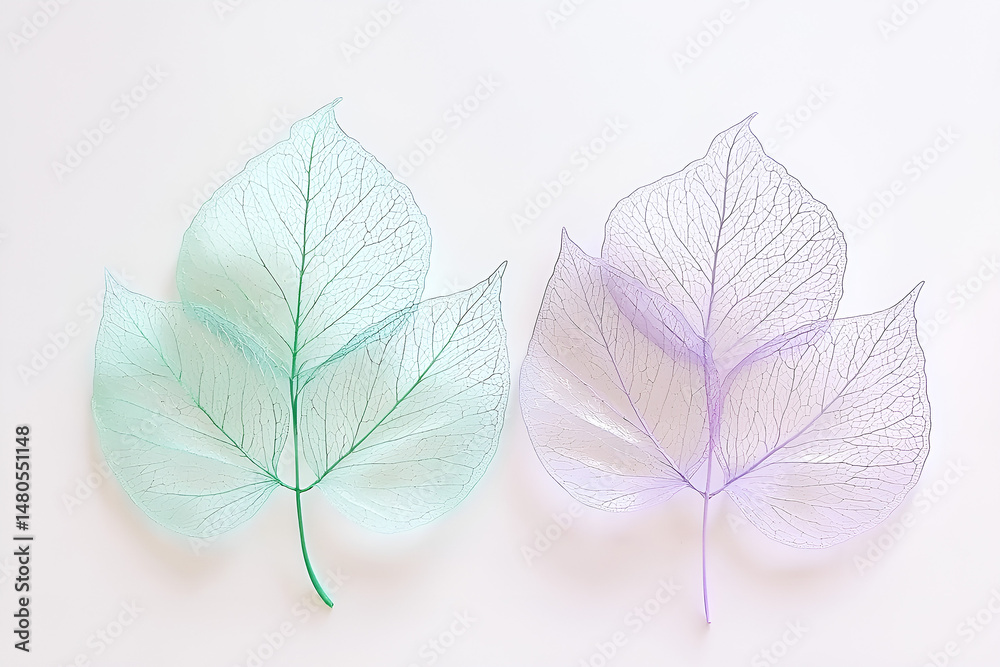 Fototapeta premium Delicate skeleton leaves in shades of green and purple showcasing intricate venation patterns on a neutral background.