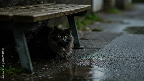 Dark cat hiding under bench on rainy street in urban environment  