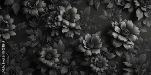 Intricate charcoal floral wallpaper, rich texture , floral, charcoal