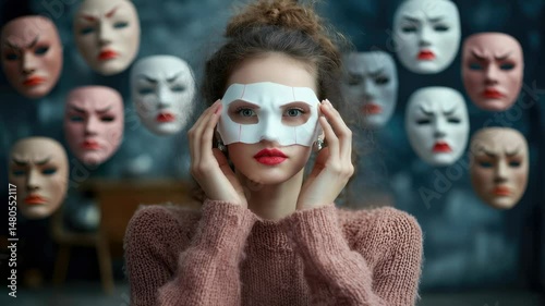 Mask exploration: person evaluates facial expressions, determining emotional mask that mirrors inner feelings, wrestling with authenticity versus pretense, balancing roles in social environments.