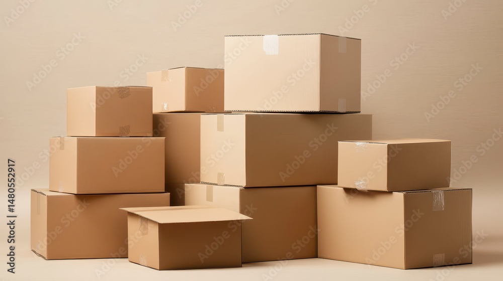 Obraz premium Stack of various sized cardboard boxes on beige background.
