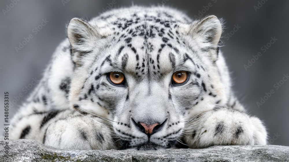 Obraz premium Majestic Snow Leopard Portrait - Close-up of a snow leopard resting on a rock, showcasing its striking orange eyes and unique spotted coat