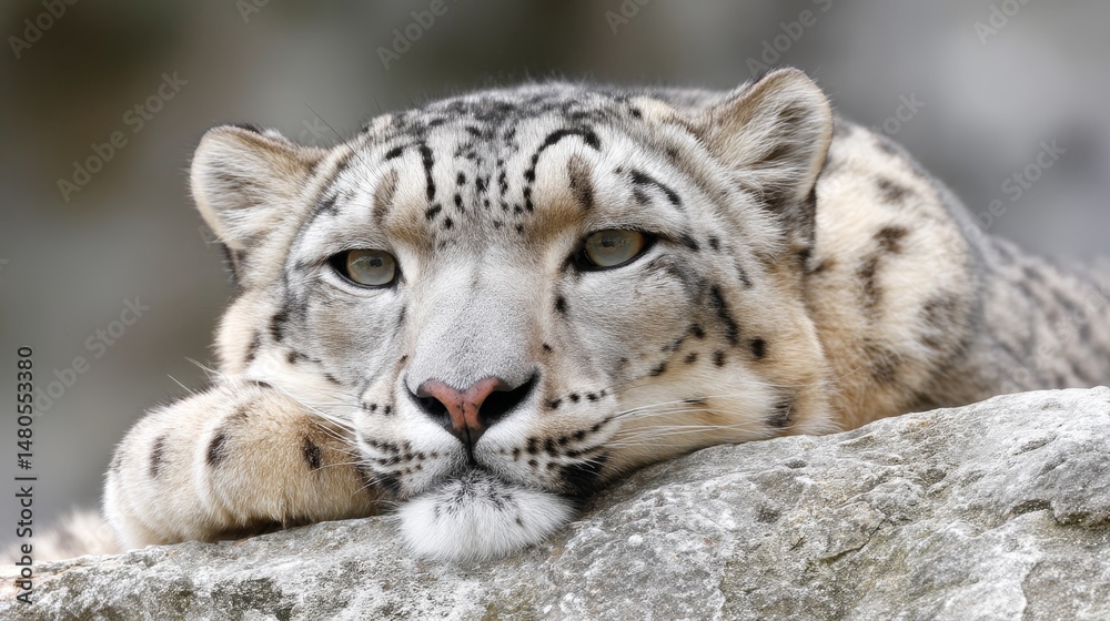 Naklejka premium Majestic Snow Leopard Resting on Rocks - A serene snow leopard rests on a rocky outcrop, symbolizing peace, wild beauty, power, grace