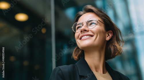 Young business woman smiling and looking up at an office building window, a portrait of a professional manager in a suit with eyeglasses standing against the glass