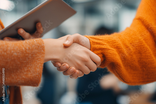 A close-up of two people shaking hands, with one person holding an iPad and the other wearing an orange sweater in an office background