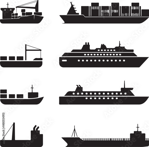 Silhouette of Shipping Vessels: This captivating image showcases an assortment of cargo ships. The stark silhouettes emphasize the sleekness of each vessel