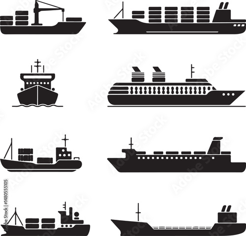 Silhouette of Shipping Vessels: This captivating image showcases an assortment of cargo ships. The stark silhouettes emphasize the sleekness of each vessel
