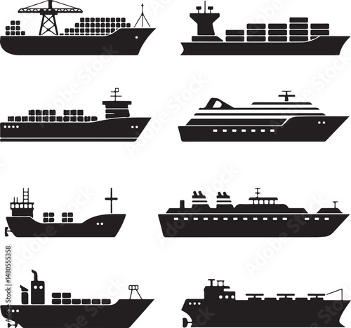 Silhouette of Shipping Vessels: This captivating image showcases an assortment of cargo ships. The stark silhouettes emphasize the sleekness of each vessel
