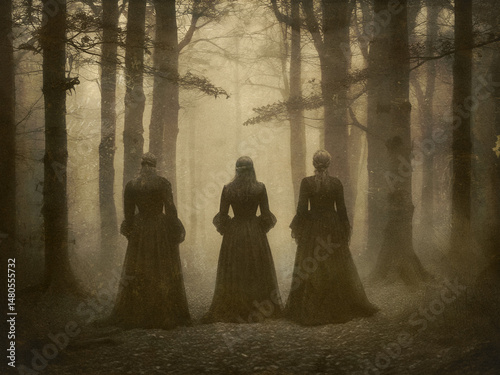 Three figures dressed in long, dark Victorian gowns stand in a misty forest, surrounded by tall trees and a sense of mystery. The light is dim and atmospheric. Image resembles a vintage photograph.