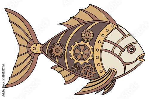 49 detailed mechanical steampunk fish, fish-shaped robot, clockwork fish with gears and copper, ornate fantastical creature, intricate mechanical design, brass and copper accents, industrial aesthetic