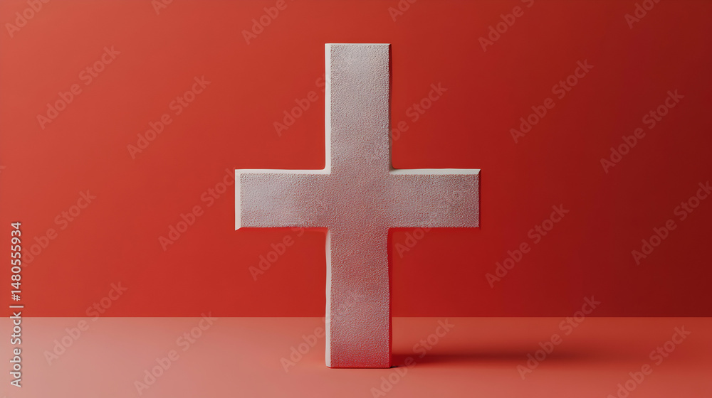 Obraz premium A silver cross stands against a red background.