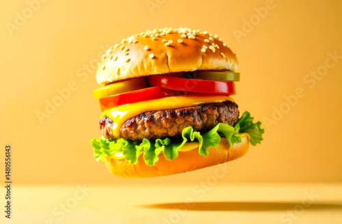 Mouthwatering juicy burger levitating on a yellow background