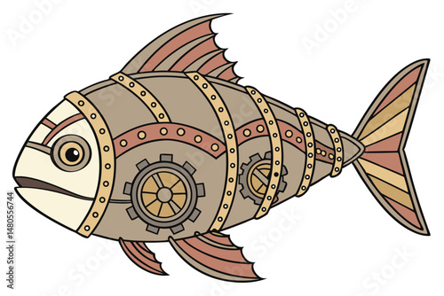 49 detailed mechanical steampunk fish, fish-shaped robot, clockwork fish with gears and copper, ornate fantastical creature, intricate mechanical design, brass and copper accents, industrial aesthetic