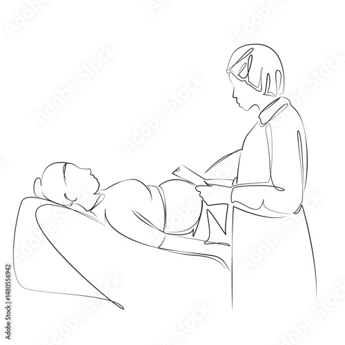 One continuous single drawing line art flat doodle doctor, pregnant, patient, care, hospital, examining, health. Isolated image hand draw contour on a white background, hand drawn, not AI
