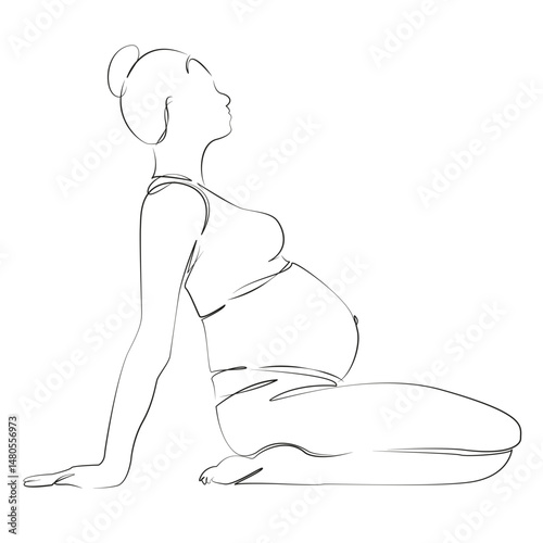 One continuous single drawing line art flat doodle gymnastics, pregnant, sport, woman, adult, lifestyle, yoga, exercise. Isolated image hand draw contour on a white background, hand drawn, not AI