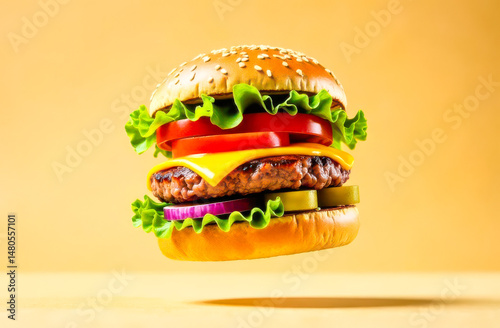 Mouthwatering juicy burger levitating on a yellow background