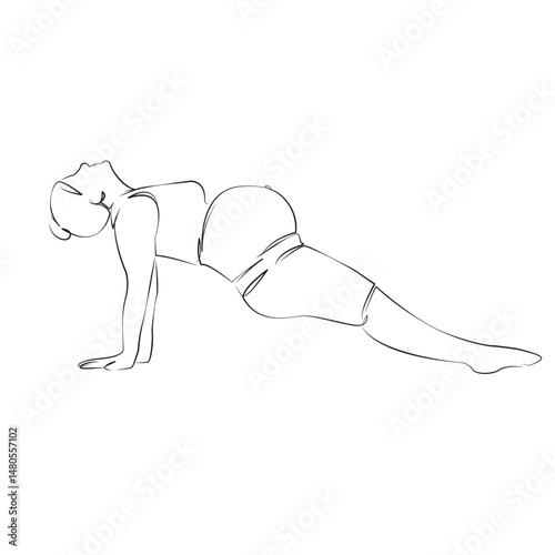 One continuous single drawing line art flat doodle mother, yoga, pregnant, female, indoor, lifestyle, pilates. Isolated image hand draw contour on a white background, hand drawn, not AI