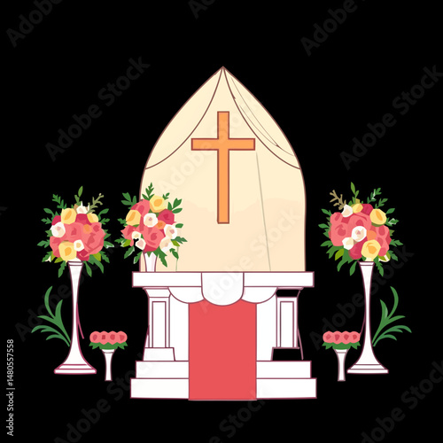 Sacred Ceremony Stage: An illustrated sanctuary altar, adorned with a cross, floral arrangements, and delicate drapery, symbolizes reverence, purity, and the solemnity of a ceremony.