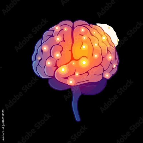 Human Brain Illustration: A vivid illustration of a human brain illuminated with a warm glow, depicting the intricate neural pathways and the complexity of cognitive function.