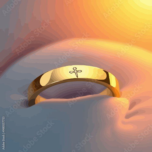 Golden Ring of Faith: A radiant gold ring, intricately engraved with a delicate cross, rests gently, capturing the essence of devotion and spirituality with its elegant simplicity.