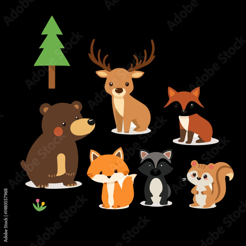 Forest Friends Gathering: A delightful illustration of forest animals, showcasing a charming bear, a majestic deer, a cunning fox, a curious raccoon, a playful squirrel, and a tall green tree.