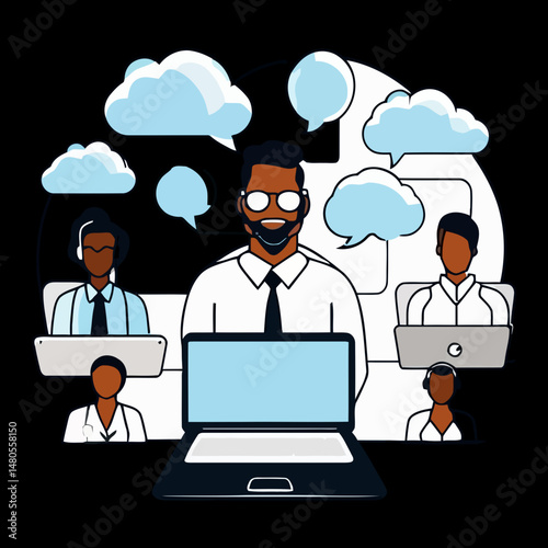 Global Team Collaboration: A diverse team of customer service representatives connects seamlessly through cloud-based technology, symbolizing efficient communication and global reach.