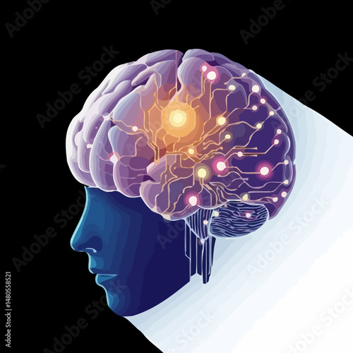 Mind's Digital Realm: A stylized depiction of a human brain, overlaid with intricate circuitry, symbolizing the fusion of consciousness and technology, where ideas come to life. 