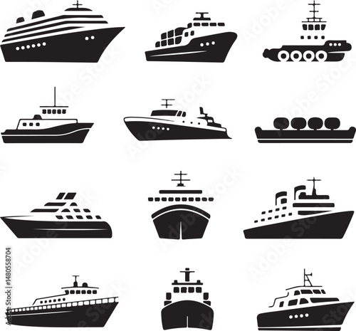 Silhouette of Shipping Vessels: This captivating image showcases an assortment of cargo ships. The stark silhouettes emphasize the sleekness of each vessel