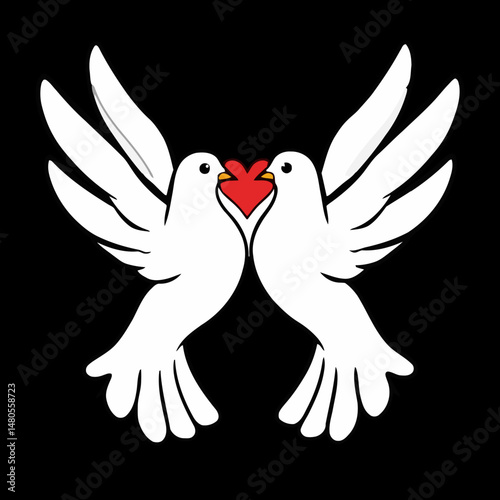Love's Embrace: Two doves, symbols of love, grace, and devotion, meet mid-air, cradling a heart, illustrating affection and unity.