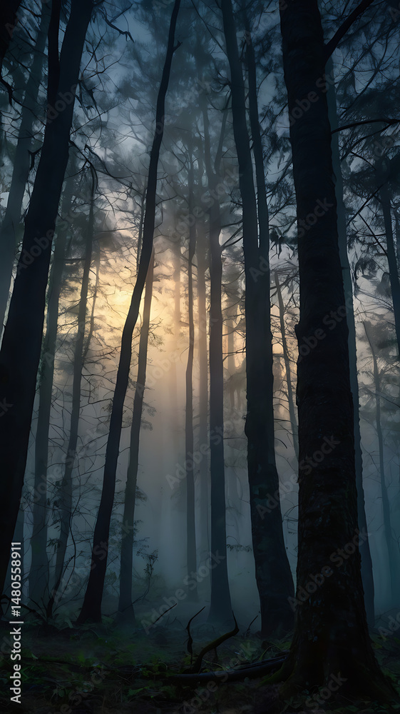 Fototapeta premium A mysterious forest at dusk, with shafts of light piercing through the fog, ancient ruins barely visible among the trees, painted in a dark cinematic fantasy style.